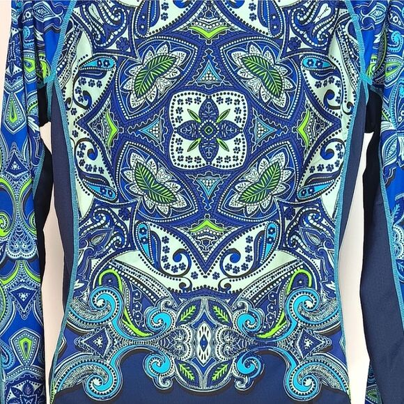 ATHLETA Runaway Blue Green Paisley Print Medium UPF Athletic Long Sleeve Shirt - Picture 10 of 15